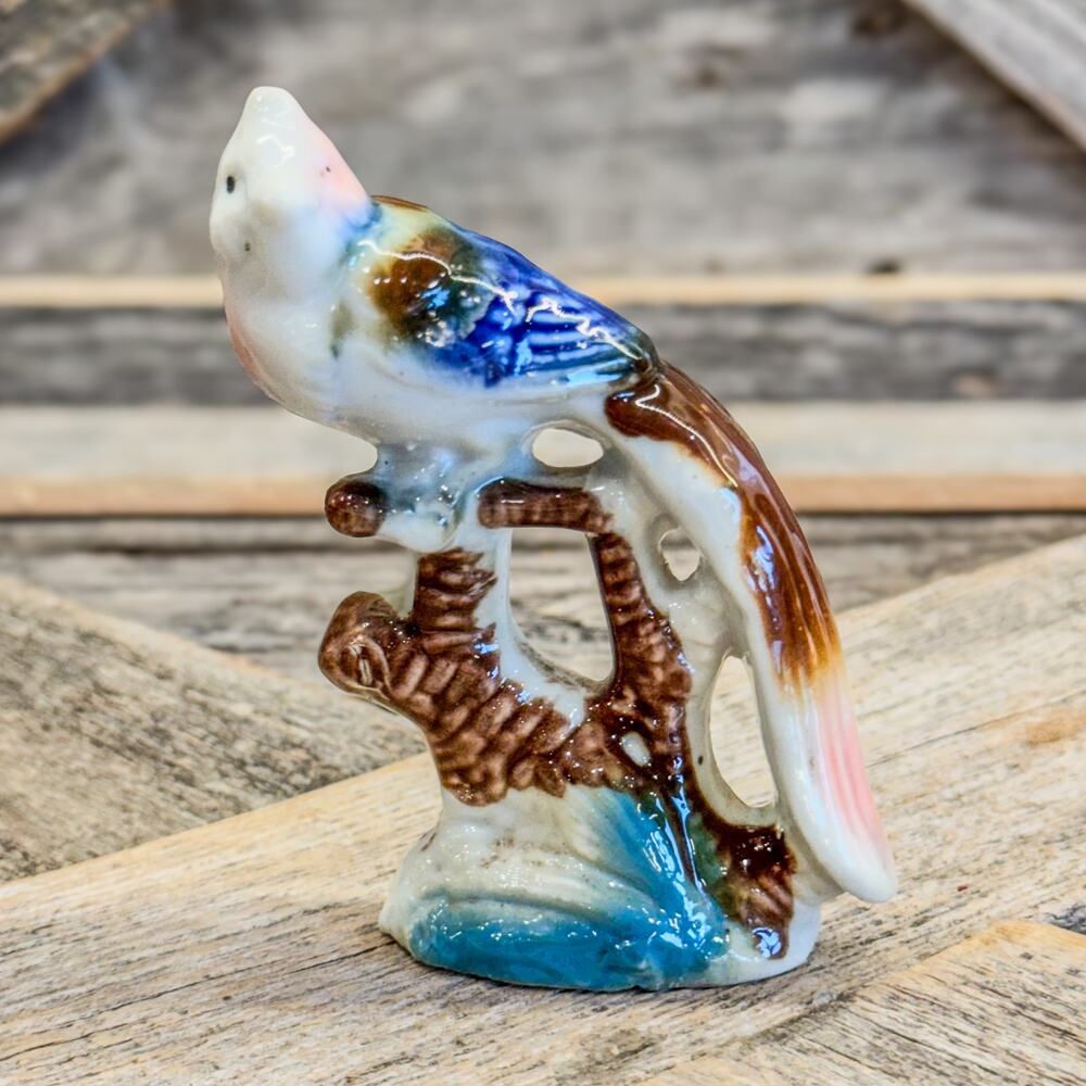 Vintage Small Porcelain Bird Figurine w/ Long Tail Perched on Branches, 3.5”H